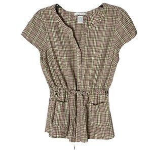 Charlotte Russe Y2K Plaid TieBelt Elastic Waist Button Cap Sleeve Pockets XL VTG